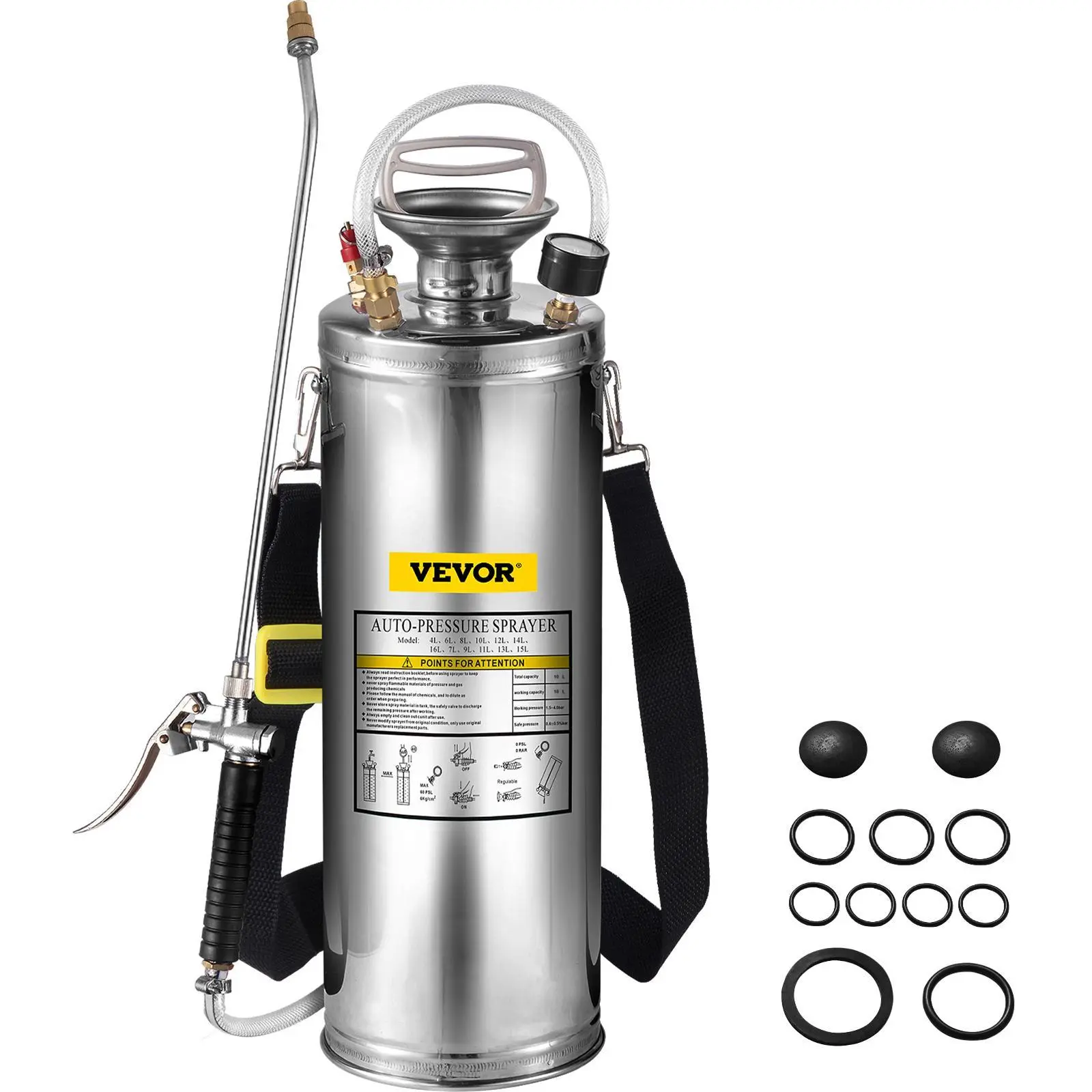 【SummerFinds】VEVOR 3 gal Stainless Steel Hand Pump Sprayer Watering Set - Pressure Gauge, Safety Valve, 20" Wand, Handle, 3FT Reinforced Hose, Adjustable Fine Mist Nozzle, Durable, Easy to Use, Easy Filling, Ideal for Indoor Gardening, Sanitizing