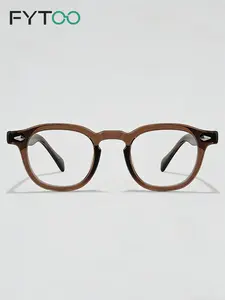 FYTOO Retro Brown Acetate Round Eyeglasses Frame, Vintage Stylish Clear Optical Glasses, Fashion Casual Daily Non-prescription Eyewear Unisex