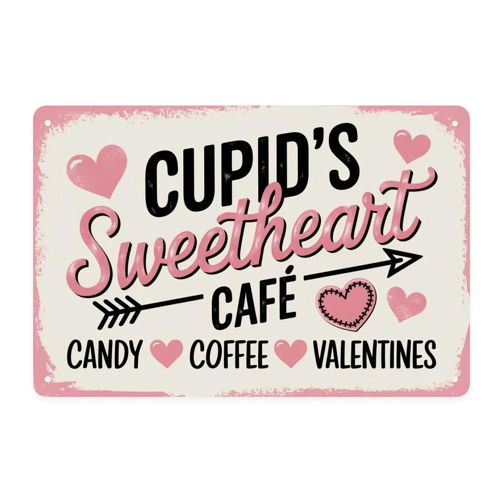 Cupid's Sweetheart Cafe Valentine's Day Candy Coffee  Tin Sign， Vintage Valentine's Day Decor Metal Sign Print Aesthetic Room Decoration for Home Bedroom Kitchen Bar Dorm Bathroom Wall Decor 8 X 12 In