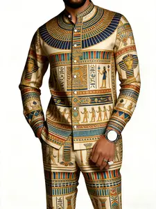Men's Ancient Egyptian Pharaoh Print 2-Piece Set – Stand Collar Shirt & Pants