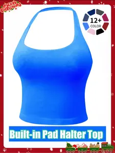 Women's Solid Removable Chest Pad Sports TankTop, Casual Comfort and Durability Halter NeckSports Top for Yoga Gym Workout, Ladies Sportswearfor All Seasons Gym Workout Tops, Athletic Top, Gym Exercise Activewear