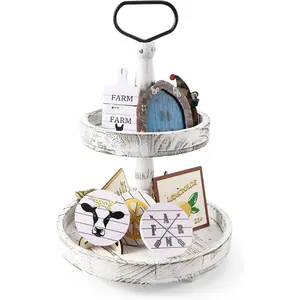 2 Tiered Tray Stand, Farmhouse Tiered Tray Stand with Metal Handle for Home Kitchen Decor, Wooden Rustic Two Tiered Serving Tray Coffee Table Tray for Holiday, Tray ONLY(Distressed White)