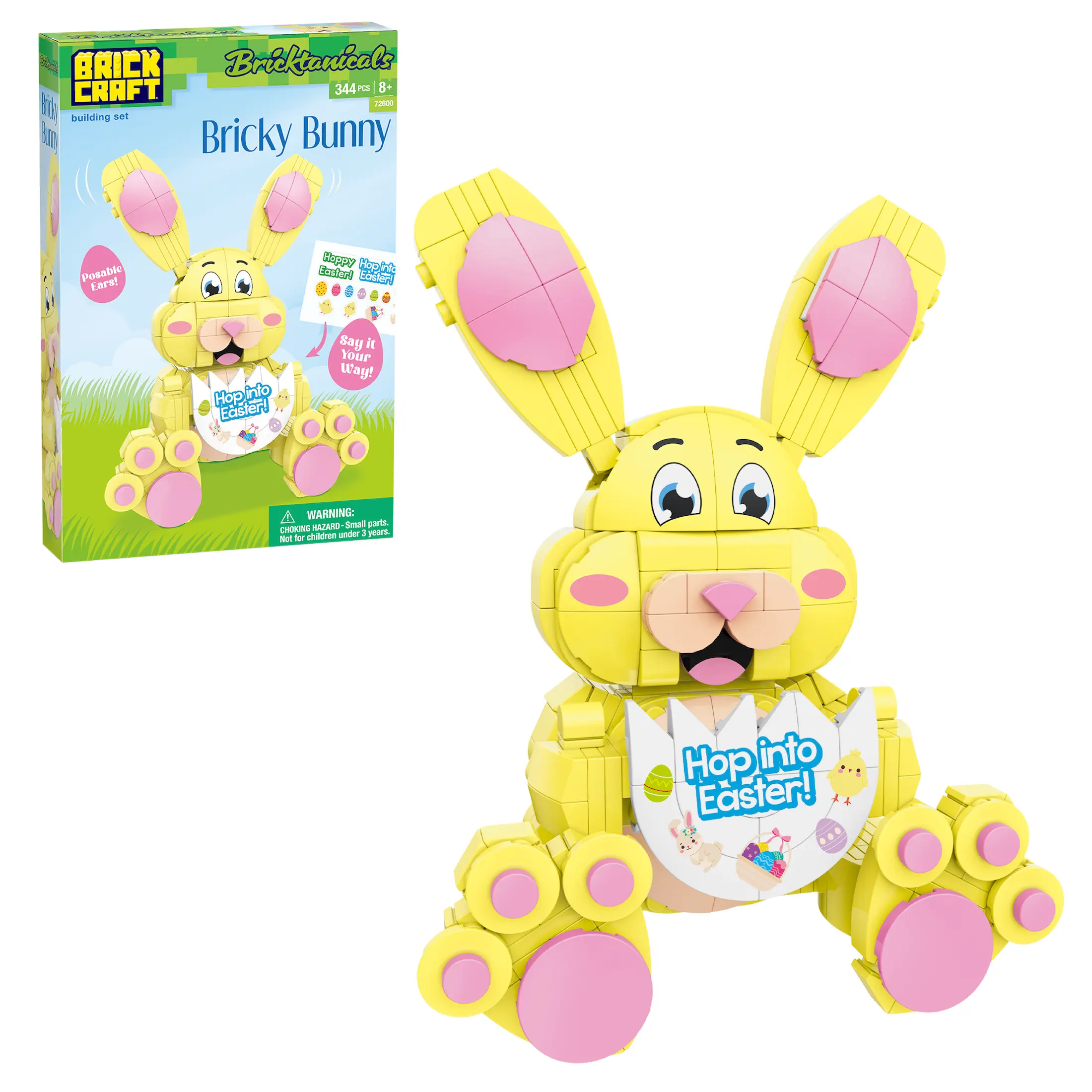 Brickcraft Bricktanicals Bricky Bunny Building Set, 344-Piece Posable Easter Bunny with Message Sign and Stickers for Kids & Adults 8+