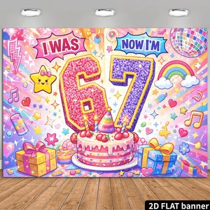 1PC,2D Flat Backdrop 67th Birthday Decor Backdrop, I Was 6 Now I'm 67 Themed Party Background, with Cartoon Cake, Gifts, Stars, Rainbow Elements, Photo Booth Decor for Birthday Party Celebrations