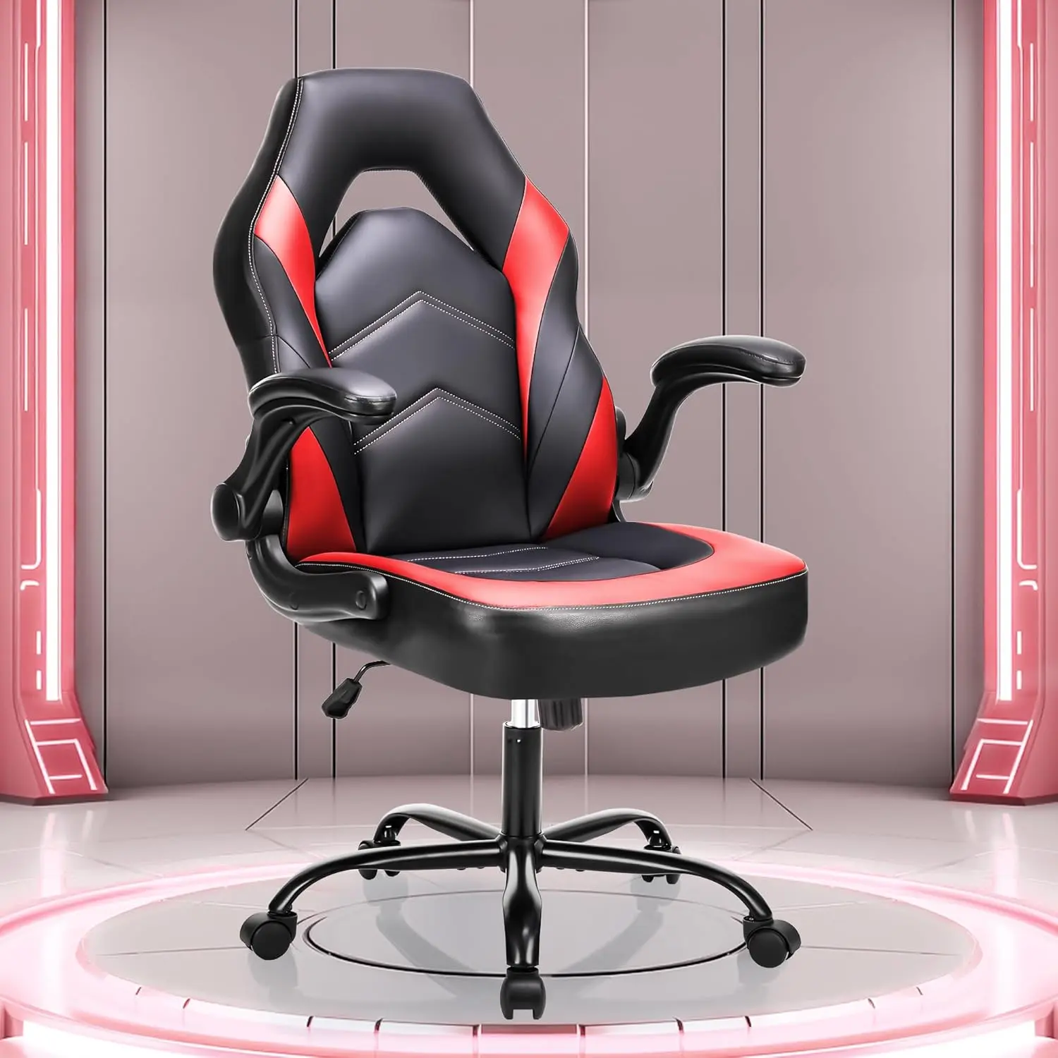 Computer Gaming Desk Chair - Ergonomic Video Game with Comfy Lumbar Support and headrest, PU Leather with Flip-up Arms, Adjustable Height and Swivel Wheels