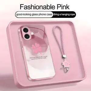 Suitable for [iPhone 17] high-end women's phone case🤩，a beautiful four-leaf clover lanyard is included🍀, high-end ink painting clover designaffordable price, drop-resistant and fingerprint-proof YM99