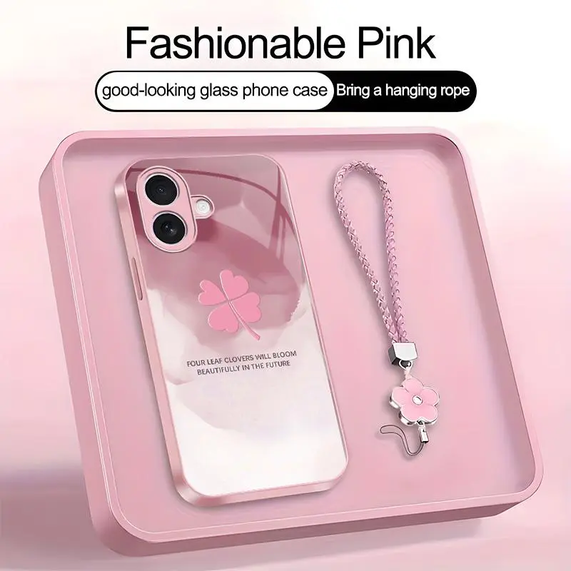 Suitable for [iPhone 17] high-end women's phone case🤩，a beautiful four-leaf clover lanyard is included🍀, high-end ink painting clover designaffordable price, drop-resistant and fingerprint-proof YM99