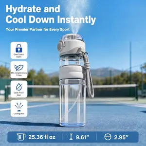 25oz Misting Water Bottle with Spray Fan, BPA-Free Tritan Sports Water Bottle, Leakproof One-Button Mist Spray Bottle for Gym, Outdoor, Running & Summer Cooling