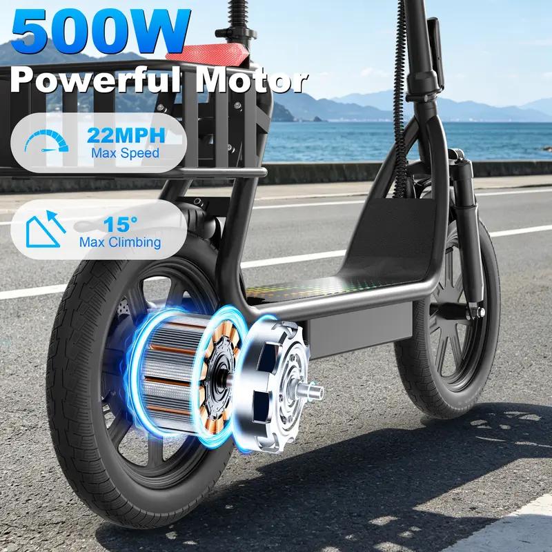 Electric Scooter for Adults with Seat,48V 10.4Ah Battery, Top Speed 22 mph, Driving Range 21-27 Miles, Pet-Friendly Design with Rear Basket
