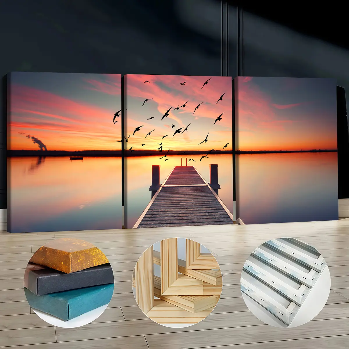 3Pcs Fashion Wooden Framed Canvas Prints - Waterproof, Odorless Artistic Nature Wall Art with Sunset Scene, Birds Silhouettes, Lake Pier Landscape - Home Decor Supplies for Living Room, Bedroom Decorations for Room