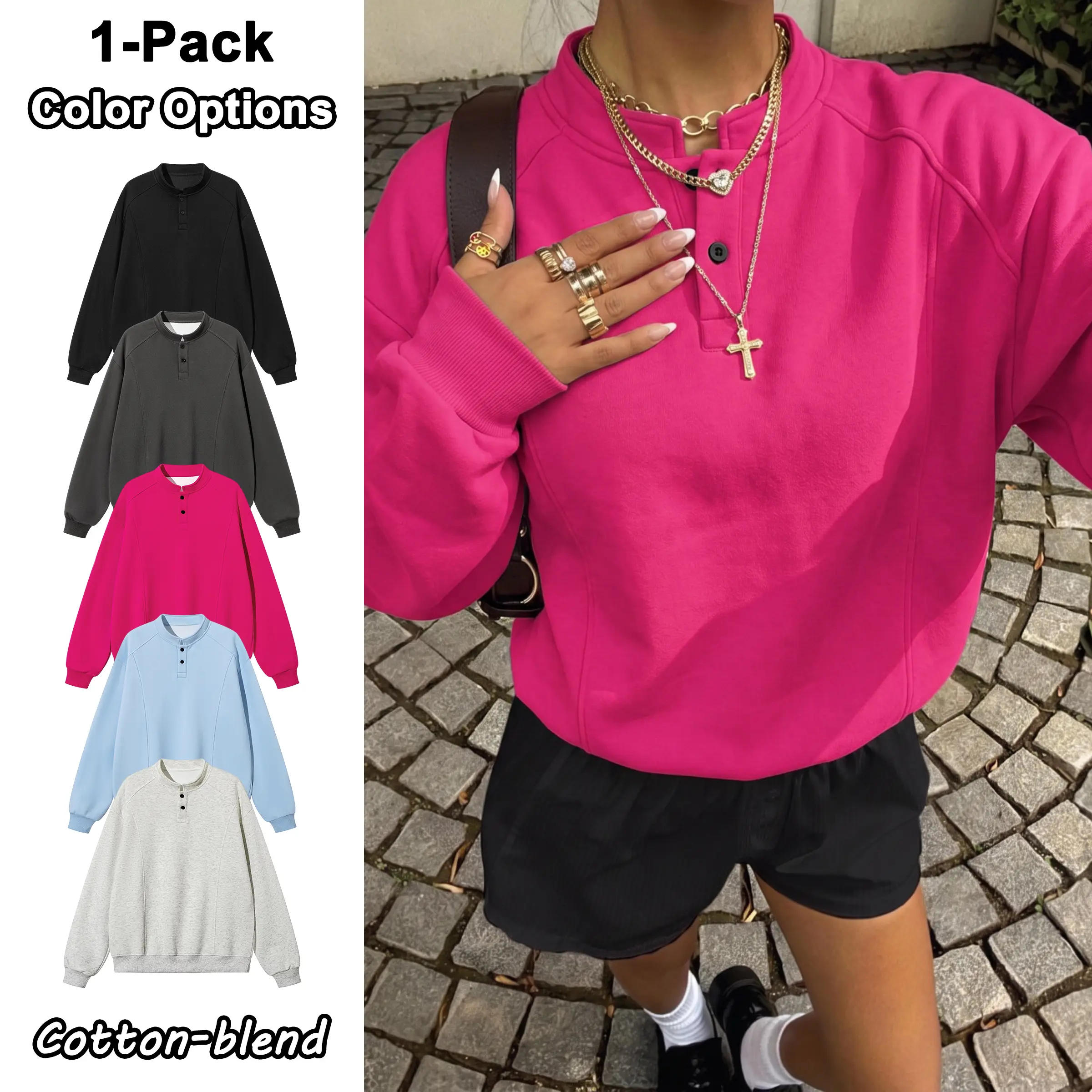 Women’s solid-color cotton-blend loose Henley-neck sweatshirt, couples’ pullover sports top, casual versatile base layer suitable for everyday wear and shopping