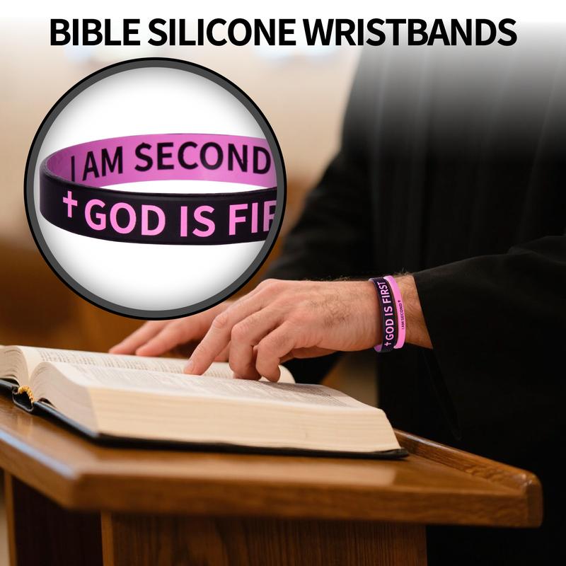 4 Pack GOD IS FIRST IM SECOND Bracelets - Interchangeable Black & White Christian Silicone Bands, Mix & Match Scripture Wristbands, and Uplifting Christian Gift Set for Men Women Teens