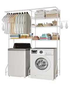 Over Washer And Dryer Storage Shelf, 6-Tier Laundry Room Drying Rack With Hanger Rod And Hooks, Adjustable Over Washer And Dryer Shelves, Laundry Room Shelf Storage Space Saver, White