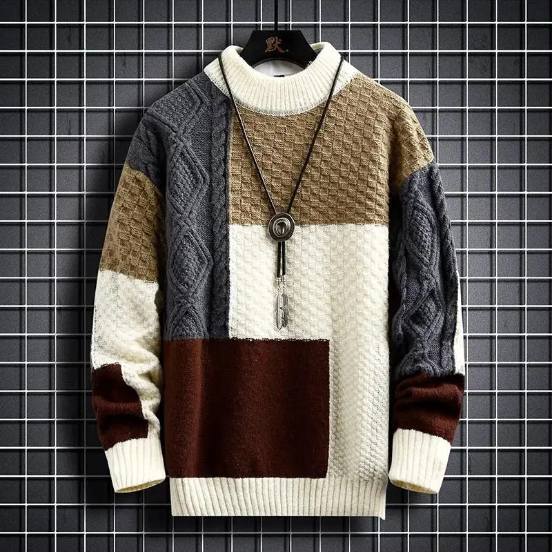 Fashion Mens Warm Knitted Sweaters Patchwork O Neck Knit Pullovers Autumn Winter Streetwear Pullover Casual Mens Clothing