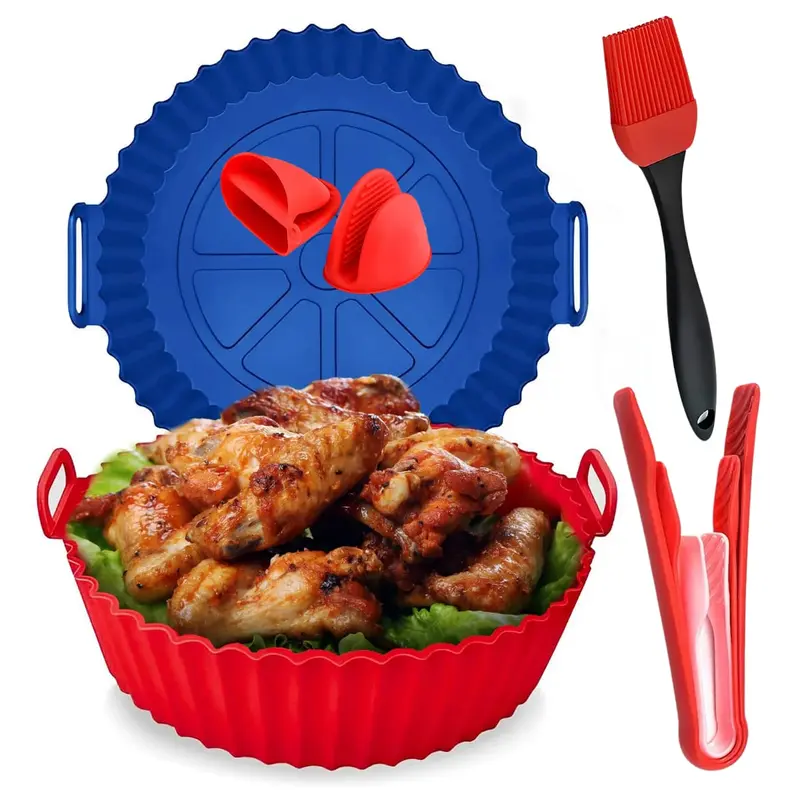Silicone Air Fryer Liner Bakeware Set - 8 in Non-Stick Liners, Durable Baking Utensils, 450°F Heat-Resistant Gloves, Basting Brush, Easy Cleanup for 3-6+QT Air Fryers, Oil Reduction