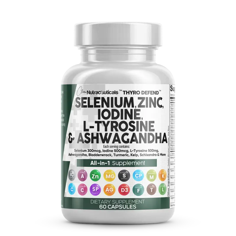 Clean Nutraceuticals Selenium, Zinc Iodine, L-Tyrosine, Ashwagandha & More for Women and Men's Thyroid Support Supplement Capsules – ThyroDefend