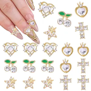 15pcs Y2K Rhinestone Cherry Heart Nail Art Decorations, Alloy Cross Star Nail Gems, 3D Water Drill Nail Accessories, Bling Rhinestone Decoration