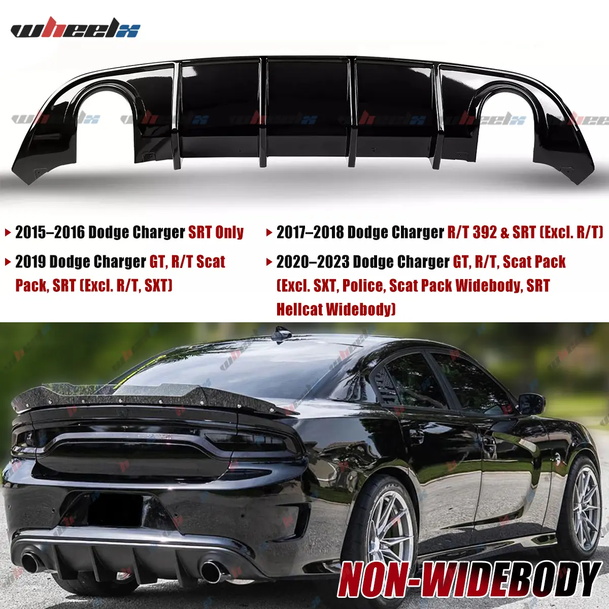 2015-2023 – Dodge Charger SRT/GT/R/T Scat Pack – NON-WIDEBODY ONLY Gloss Black Rear Bumper Diffuser | Vortex Style | PP Material #spk