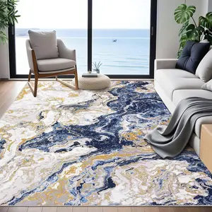 Garvee Abstract Marble Rug 5'x7' Modern Boho Marble Pattern Area Rug, Ultra-Thin Washable Rug Low Pile Soft Luxury Rug, Ideal for Living Room Bedroom Kitchen Dining, Blue