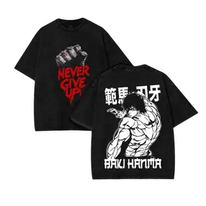 "Never Give Up" Baki Hanma Baki the Grappler Retro Acid Washed T-shirt, 90s Graphic Tees, Heavyweight Cotton Tops, Guys Gifts Streetwear Menswear