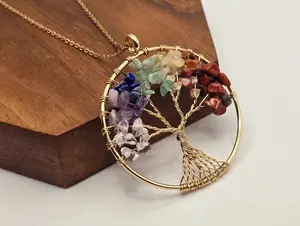 lluminate Your Spirit: 7 Chakras Round Tree of Life Necklace - Gold Tone, 18 inches