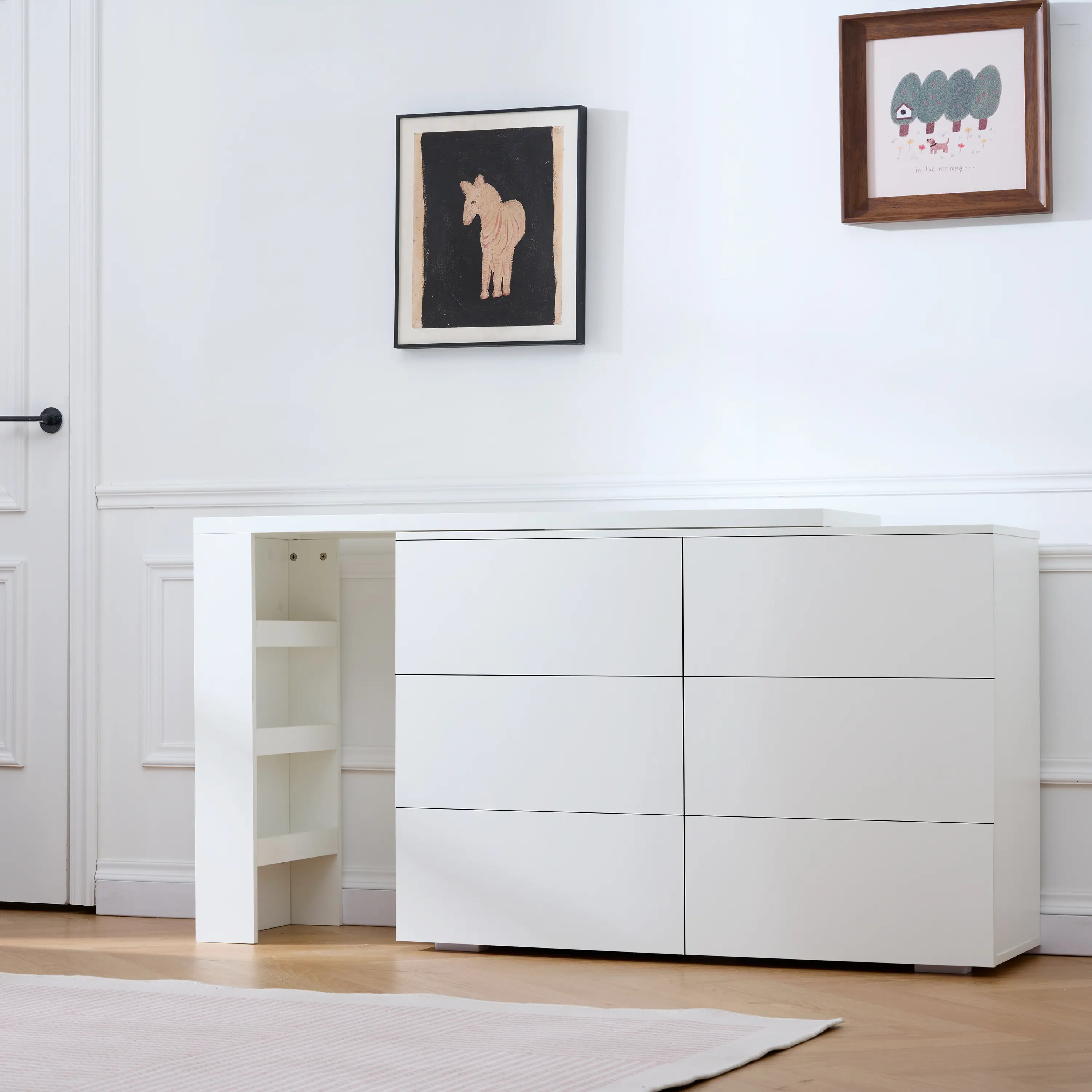 6 Drawer Vanity Dresser Combo with L-Shaped Desk, Wood Extendable Makeup Table with Wide Desktop & Open Storage, for Bedroom Dressing Room
