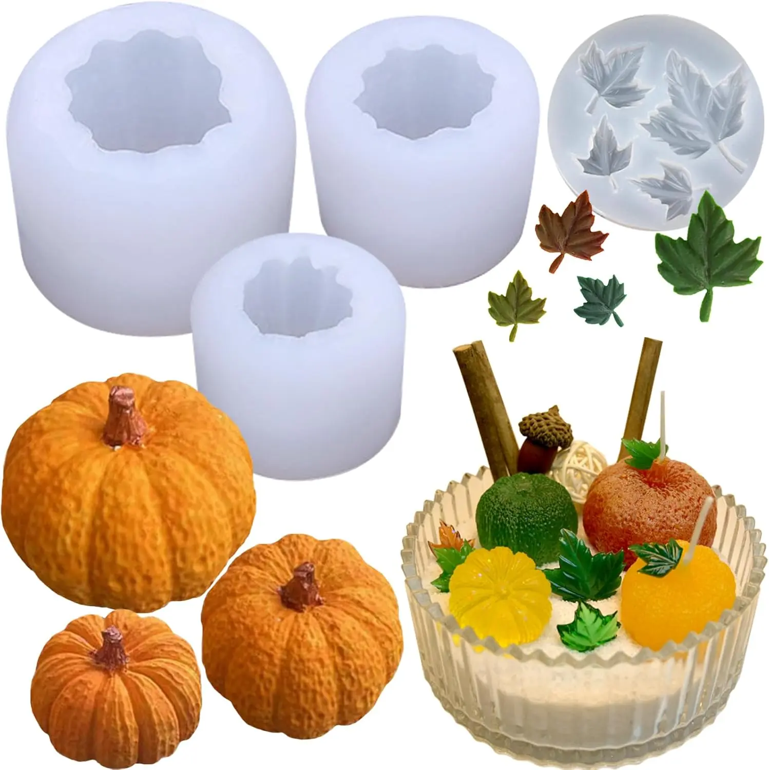 4 Pack Pumpkin Candle Molds Set – Large/Medium/Small 3D Thanksgiving Pumpkin & Leaf Silicone Molds for Candle Making, Epoxy Resin Casting, Halloween/Thanksgiving Home Decor