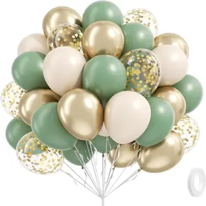 60pcs Sage Green Balloons 10/12inch Green Sand White Metallic Golden Confetti Balloons for Boho Birthday Wedding Bridal Shower Engagement Party Decorations