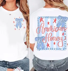 [SHIP FROM US] American Honey Flag Coquette Bows 2 Sided Shirt, Trendy Red White Blue Front and Back Tee, USA Independence Fourth of July Memorial Day GiftClothing