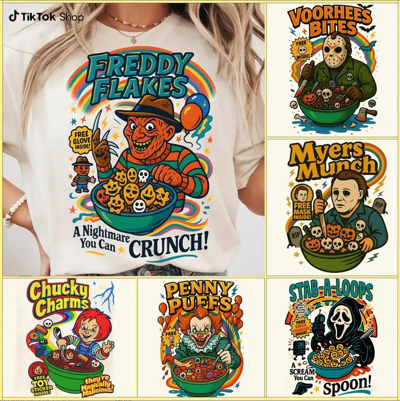 Funny Halloween Graphic T-Shirt, Horror Character Tee, Retro Horror Shirt, Horror Cereal Shirt, Halloween Movie Shirt, Unisex Multi-Color
