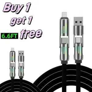 Buy 1 Get 1 Free Car Accessorie 4-in-1 USB-C Cable 6.6FT Fast Charging Data Sync USB-A Type-C Lightning Aluminum Compatible