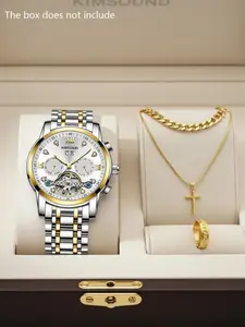 4-piece set of men's silver diamond-encrusted steel band hollowed-out gear automatic mechanical stainless steel watch necklace bracelet ring