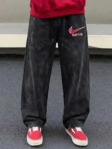 Men's Washed Vintage Drawstring Pants, Casual Fitted Long Trousers, All Seasons Wear, Random Print Pattern, Comfortable and Stylish, Casual Lounge Pants