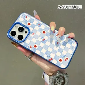 Softcase for iPhone 17 16 E Pro Max 15 Plus 14 13 12 11 XS XR Cherry Checkerboard Hearts Coquette Pastel Design Shockproof Lightweight Protective Case