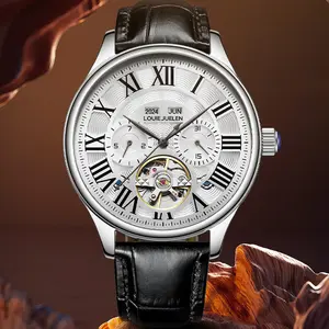 Men's Watch Rose Gold Skeleton Mechanical Watch, Leather Strap, Men's Luxury Wristwatch, Skeleton Movement, Perfect Gift Choice, Without BatteryDate & Month Display,