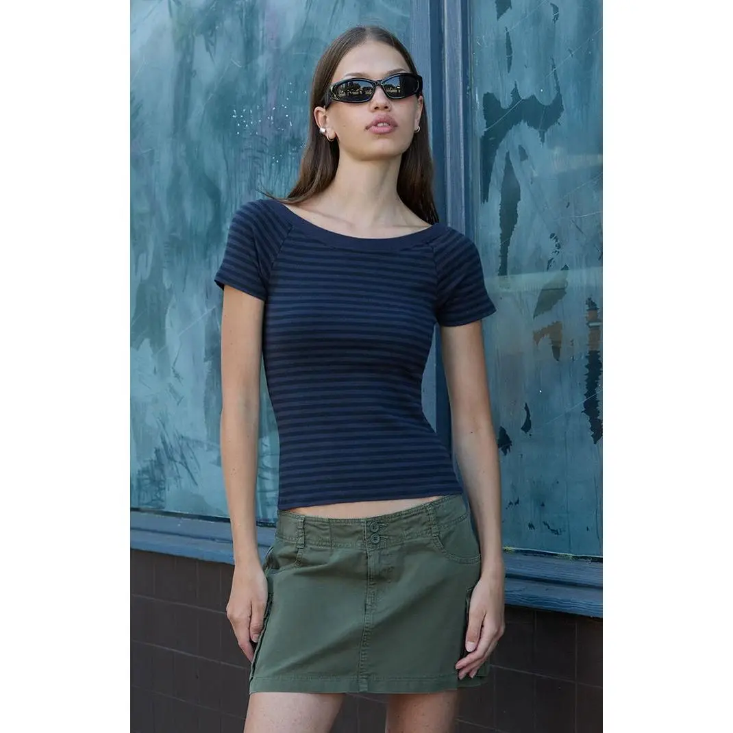 John Galt Women's Black and Blue Ginny Striped Off-The-Shoulder Top