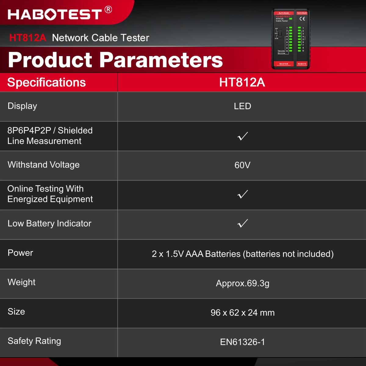 HABOTEST HT812A Multi-Function Network Cable Tester RJ11/RJ45 Dual-Use Type LED Display NC/HDMI Repair Low-Power Portable