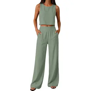2 Piece Sleeveless Crop Tank Tops With Wide Leg Pants Casual Summer Cotton Gauze Outfits 2026