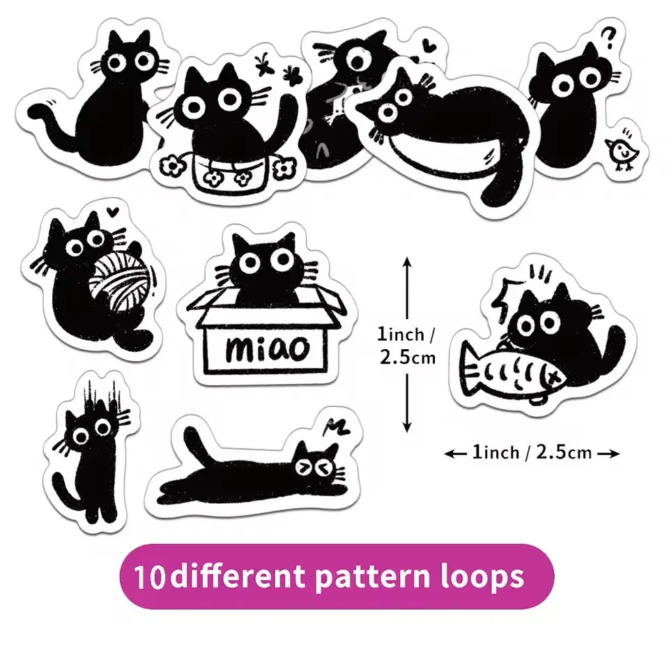 Little Black Cat Journal Stickers Cute Cartoon Black Kitten PET Waterproof DIY Decorative Stickers for Water Cups Phone Cases 10 Different Patterns