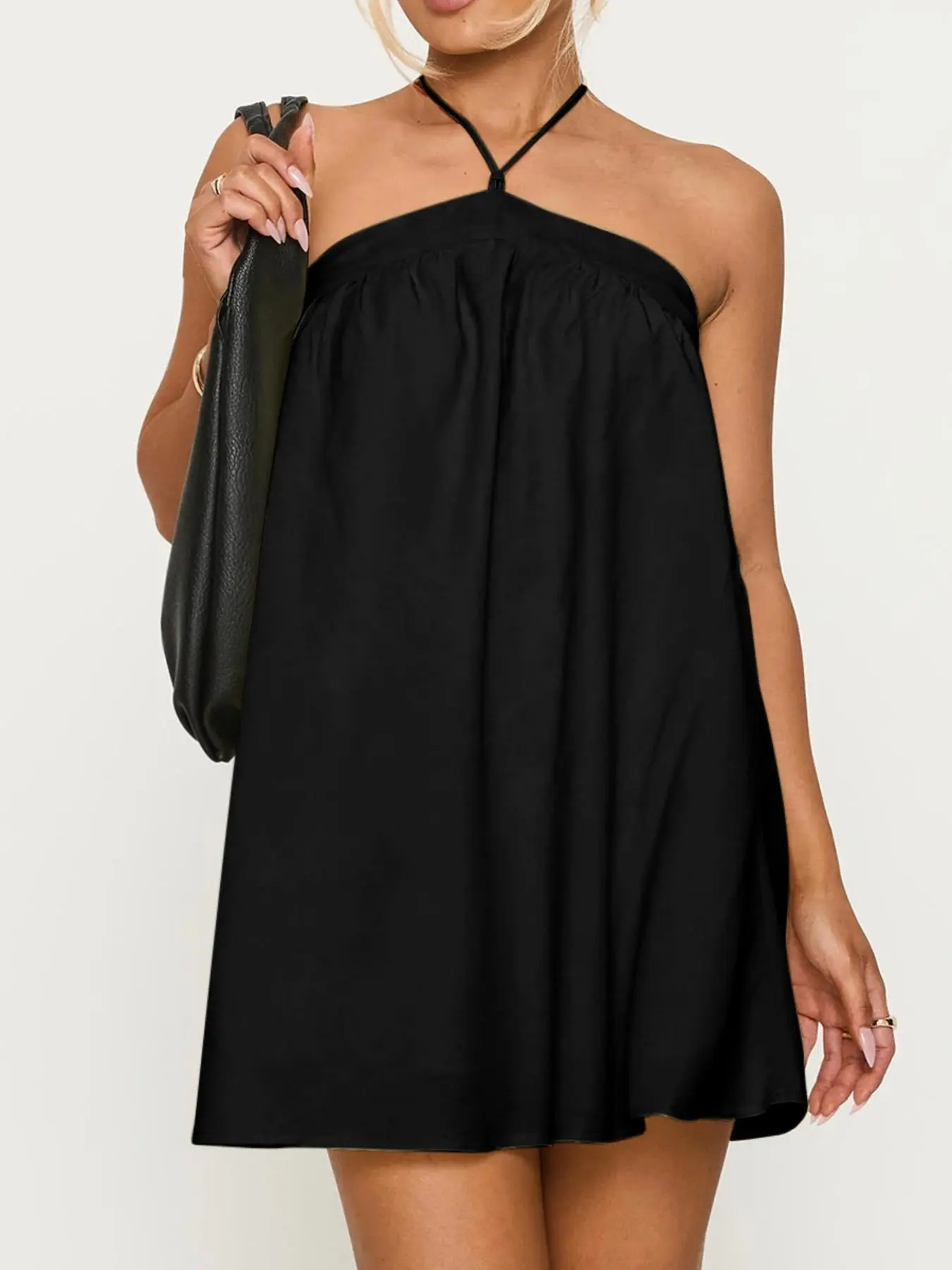 short tight halter dress Dreamylily Women Black Halter Open Back Short Tight Satin Homecoming Dress main image 0