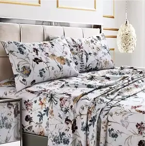 Tribeca Living Queen Bed Sheet Set 300 Thread Count Soft Cotton Sateen Floral Print with Extra Deep Pockets 4-Piece Bedding Set