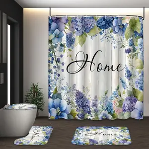 LVRLVR 4pcs Blue Purple Hydrangea Floral Home Watercolor Rustic Farmhouse Bathroom Set with Shower Curtain, Bath Rugs and Hooks - 70.8"×70.8" (180×180cm)