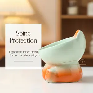 New Gradient Ceramic Cat Bowl with Raised Stand, Cute Cat Ear Design Pet Food & Water Bowl, Neck Protection Elevated Feeding Bowl for Cats and Small Dogs, Anti-Spill Heavy Ceramic Pet Dish for Dry Food, Wet Food and Water, Aesthetic Pet Supplies for I
