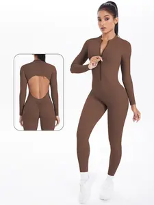 Women's High Elastic Zip-Back Yoga Jumpsuit, Sporty Bodysuit for Gym Training, Stylish Fitness Wear for Ladies, Workout Jumpsuits