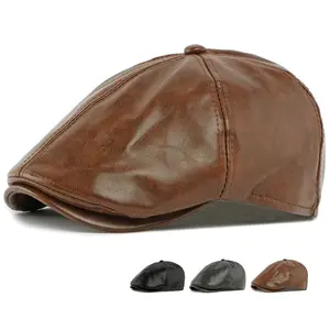 HT4937 Mens Beret Women Autumn Winter PU Leather Hat Retro Artist Painter Beret Hat Male Female Ivy Flat Cap Octagonal Beret Cap