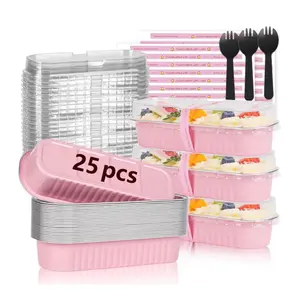 25 Pack Mini Loaf Pans with Lids and Spoons Sealing Sticker, 6.8oz Mini Cake Pans for Baking, Disposable Mini Aluminum Foil Loaf Pans, Pink Mini Loaf Baking Pans, Small Cake Containers With Lids