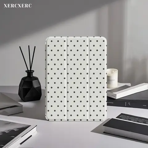 PU+TPU Tablet Protector Flip Case for iPad, White with Black Polka Dots, 3-Fold Collapsible Stand, Pen Slot, Shockproof Drop-Proof, Auto Wake/Sleep, Compatible with Air 11"/A16/9th/10th/11th Gen & Pro 12.9"/11"/10.9" (2025), Ideal for Back to School/Gift
