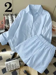 Women's Striped Long Sleeve Shirt & Shorts Set, Casual Fitted, Comfortable All Season Wear, Youthful Sporty Style, Womenswear Clothes