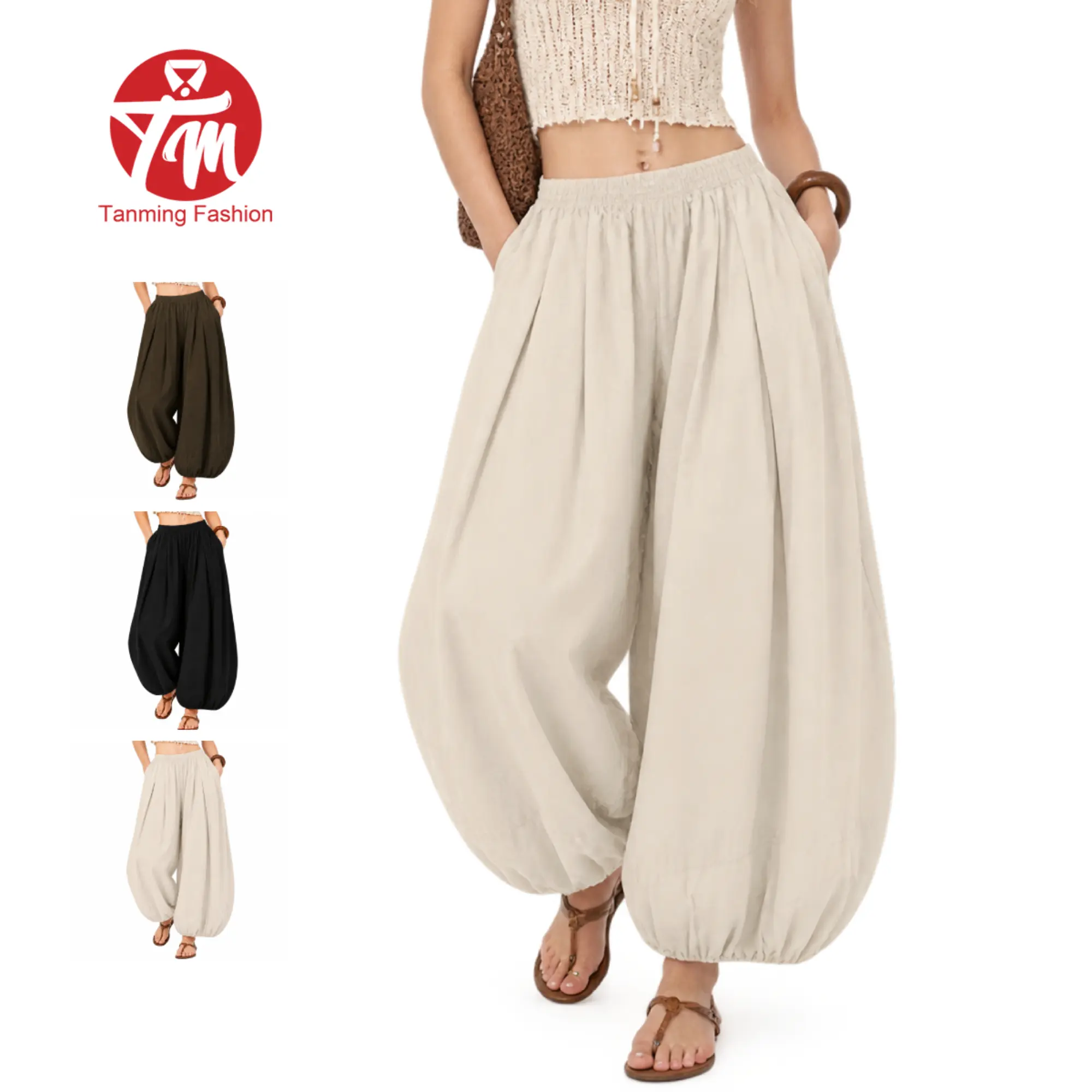 Tanming Women's 100% Cotton Boho Harem Pants High Waisted Baggy Balloon Wide Leg Casual Trousers