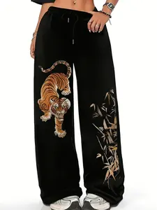 Vintage Tiger Bamboo Print Casual Pants, Loose Fit Design with Breathable Comfort, Essential for Spring Summer Autumn Style, Animal Print, Womenswear